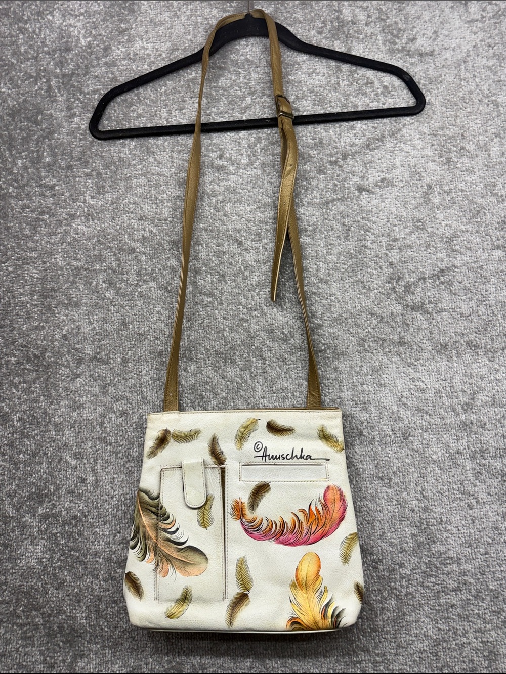 Anuschka Hand Painted Leather Shoulder Crossbody Bag Feather Ivory Brown Purse